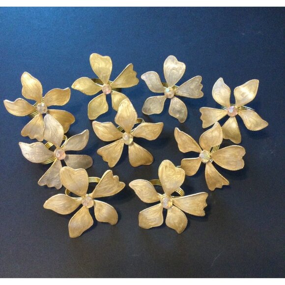 Set of 9 Gold Floral Napkin Rings Flower Jewel Beaded Fancy Table Decor Elegant - Picture 1 of 8